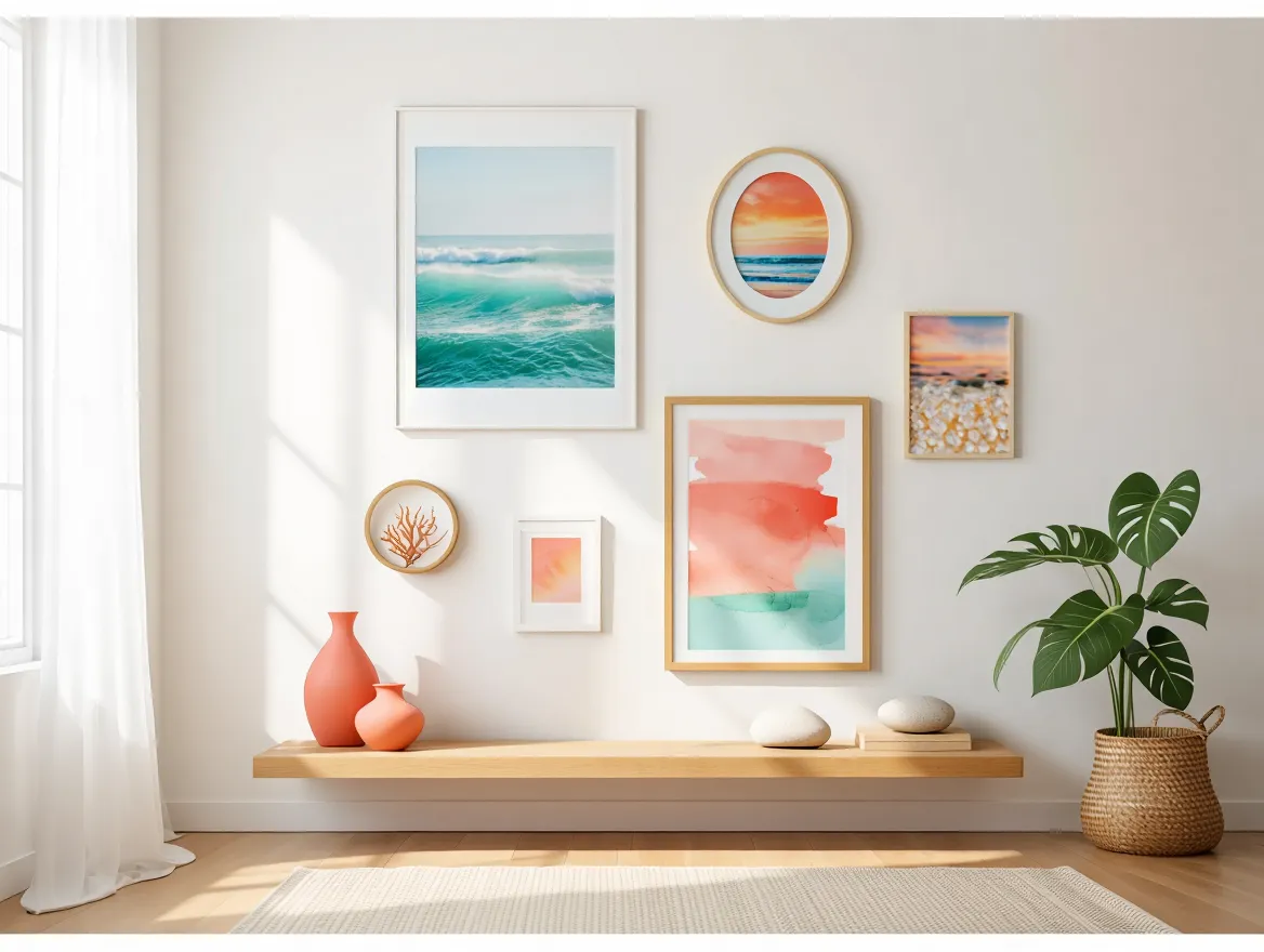 Summer gallery with ocean blue and coral tones for room decor